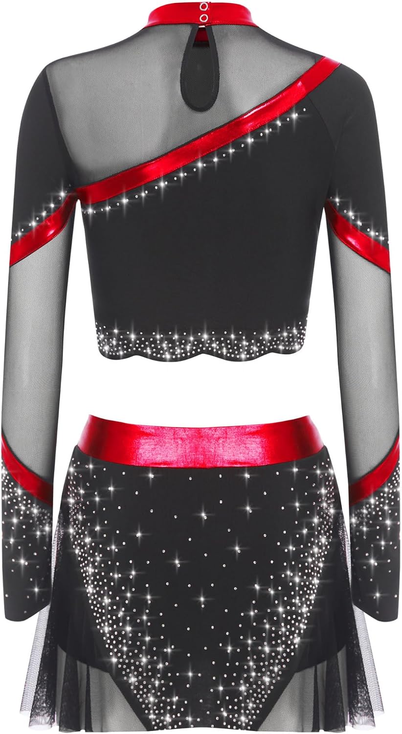 ACSUSS Womens 2 Piece Cheerleading Outfits Long Sleeve Crop Tops & Dance Skirt Set For Musical Party