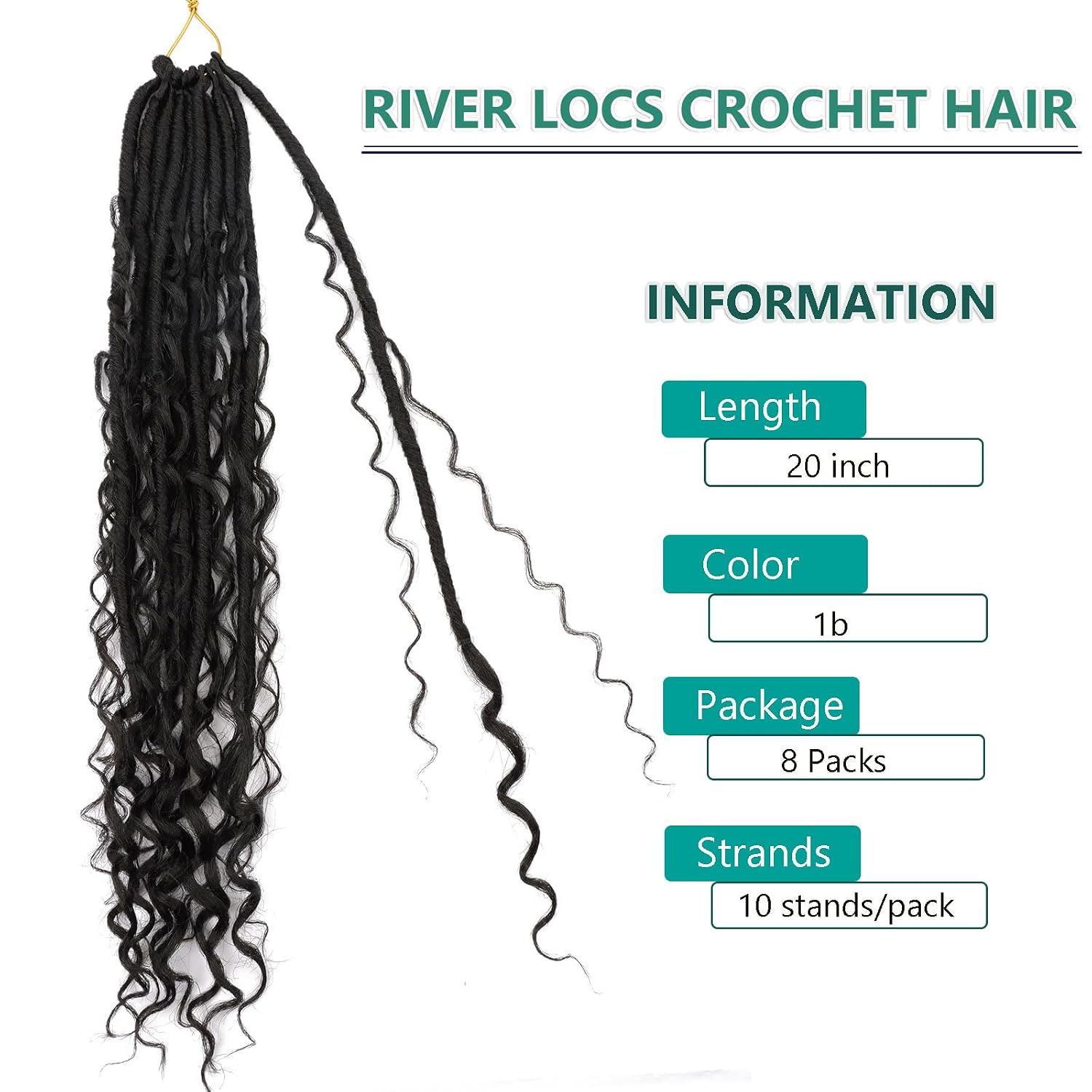 Goddess Locs Crochet Hair Pre-looped 20 Inch New Boho Faux Locs Crochet Hair with Curly Ends 8 Packs Bohemian River Locs Crochet Hair for Black Women 1B