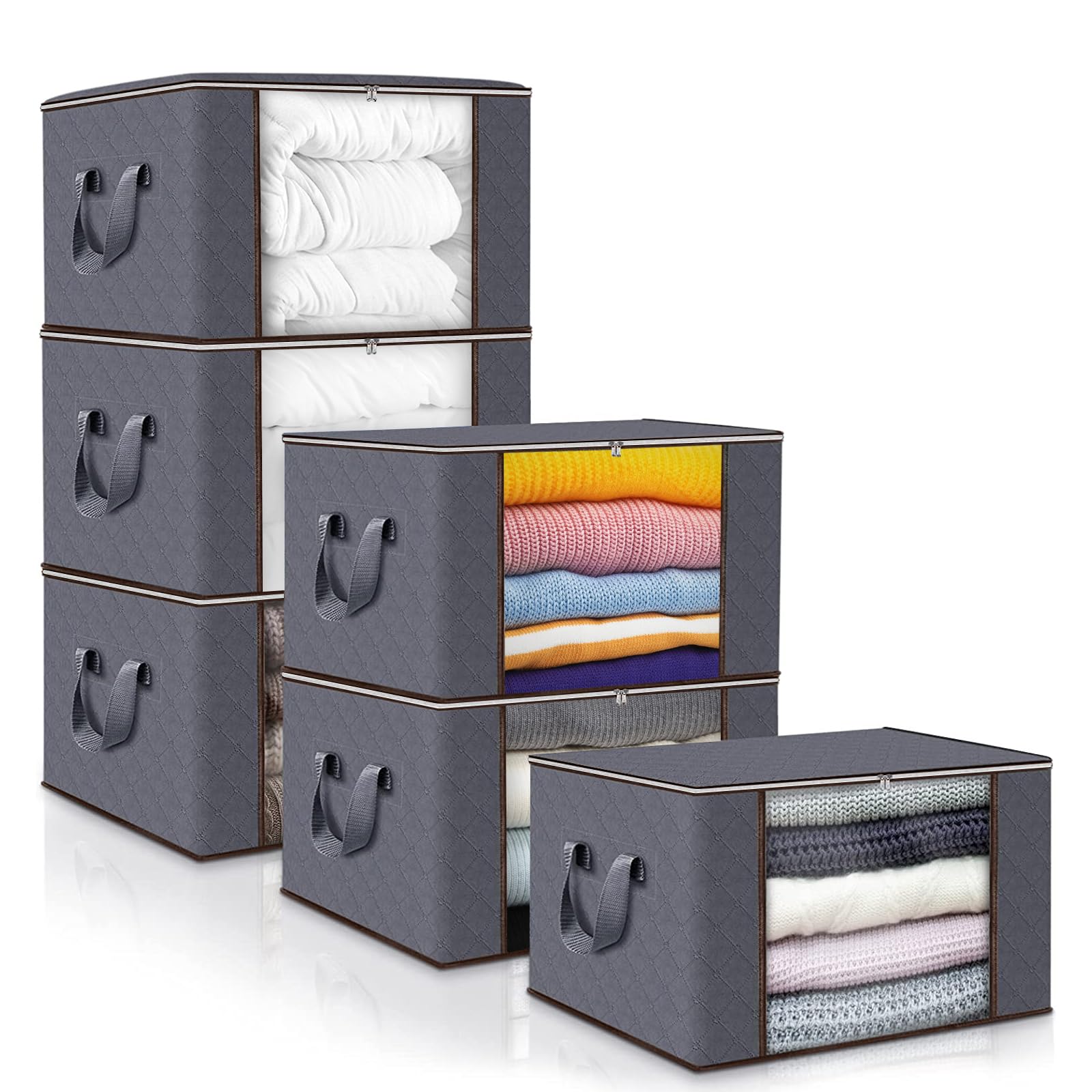 6 Piezas Cajas Almacenaje Ropa,90 L Bolsa de Almacenamiento para Ropa Plegable,Contenedores de Almacenamiento para Organizar Dormitorios, Armarios,Ropa, Edredones,con Tapa y Asa,Gris