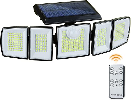 LSTBMPP Luces solares impermeables para exteriores, 432 LED, 3000 lúmenes, sensor de movimiento, luces de pared con control remoto, 5 cabezales,