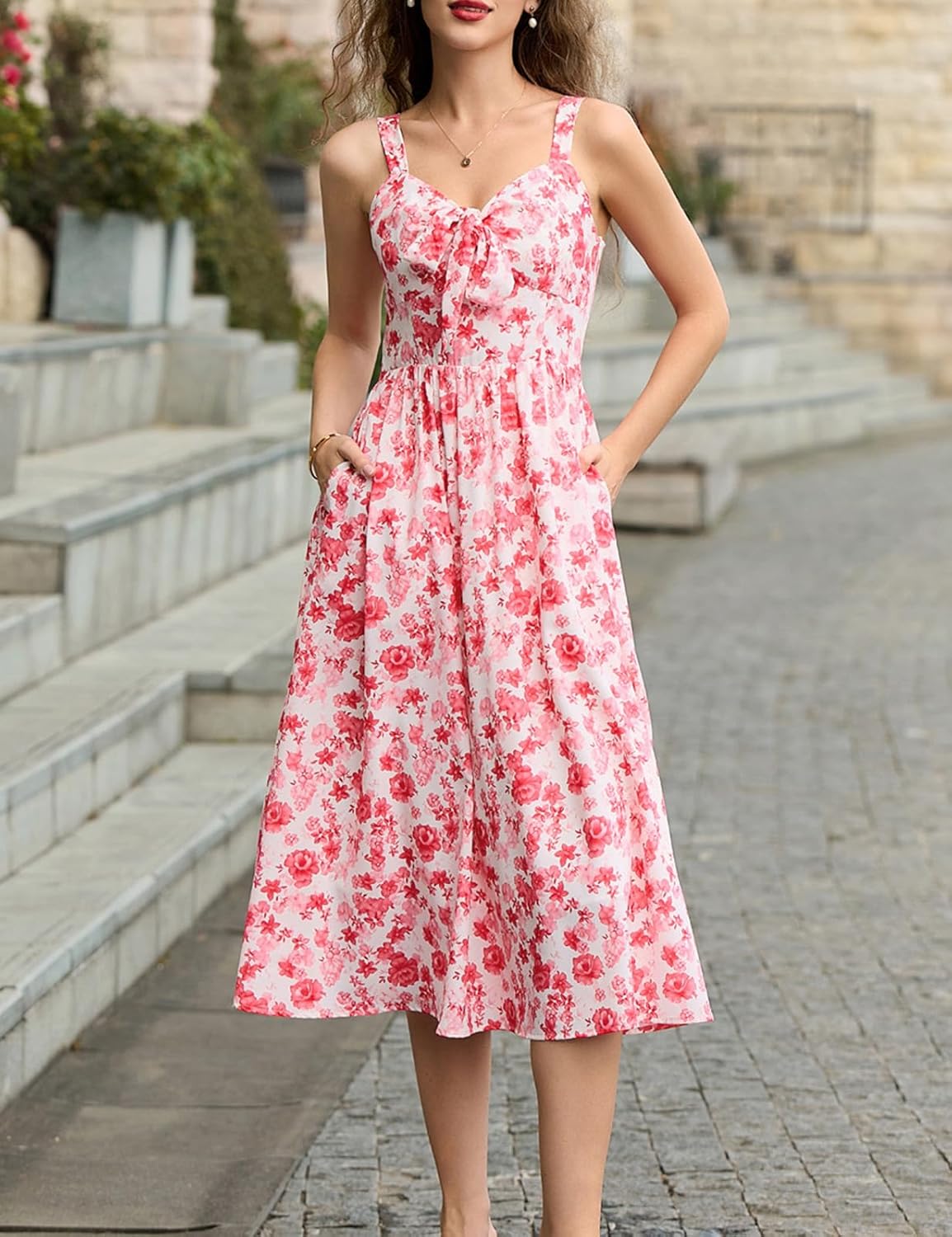 Belle Poque Summer Dresses for Women 2026 Tie Front Dress Beach Wedding Guest Dress Floral Sundress with Pockets - Image 3