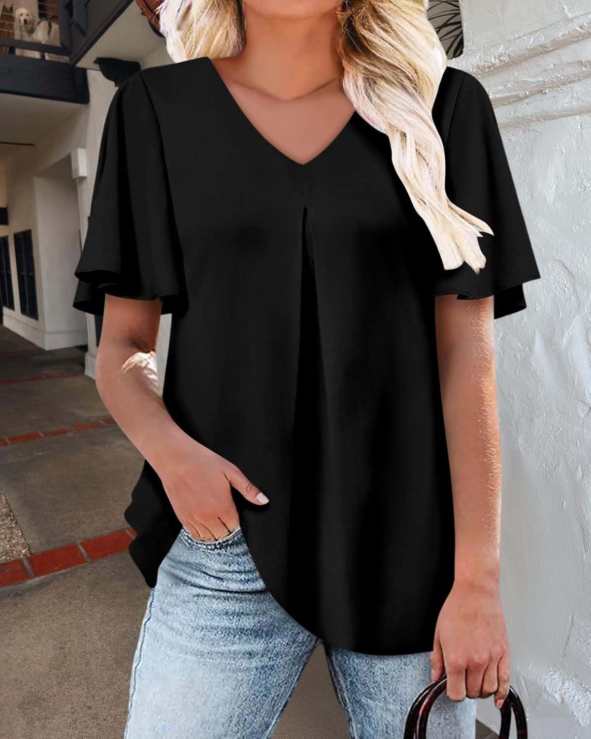 Camisetas femininas de verão 2025 manga curta com babados e gola V P-3GG