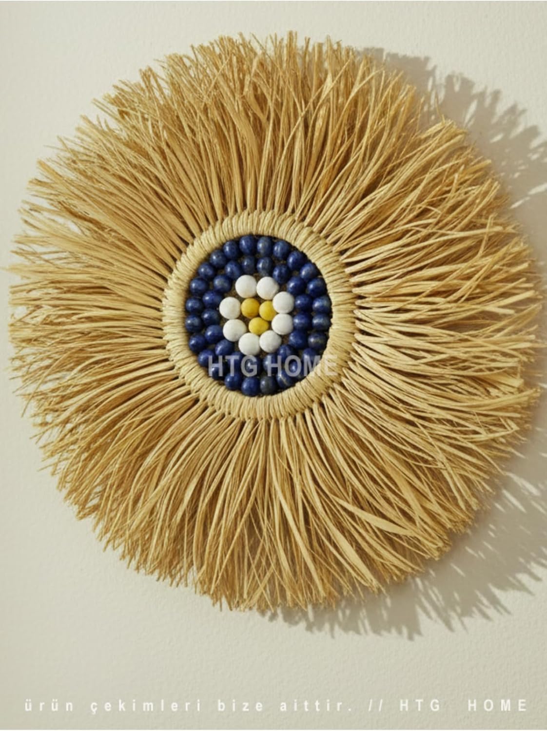 Bohemian Raffia Wall Hanging with Evil Eye - Natural Fiber Nazar Boncugu Protection Decor for Scandinavian Style Homes