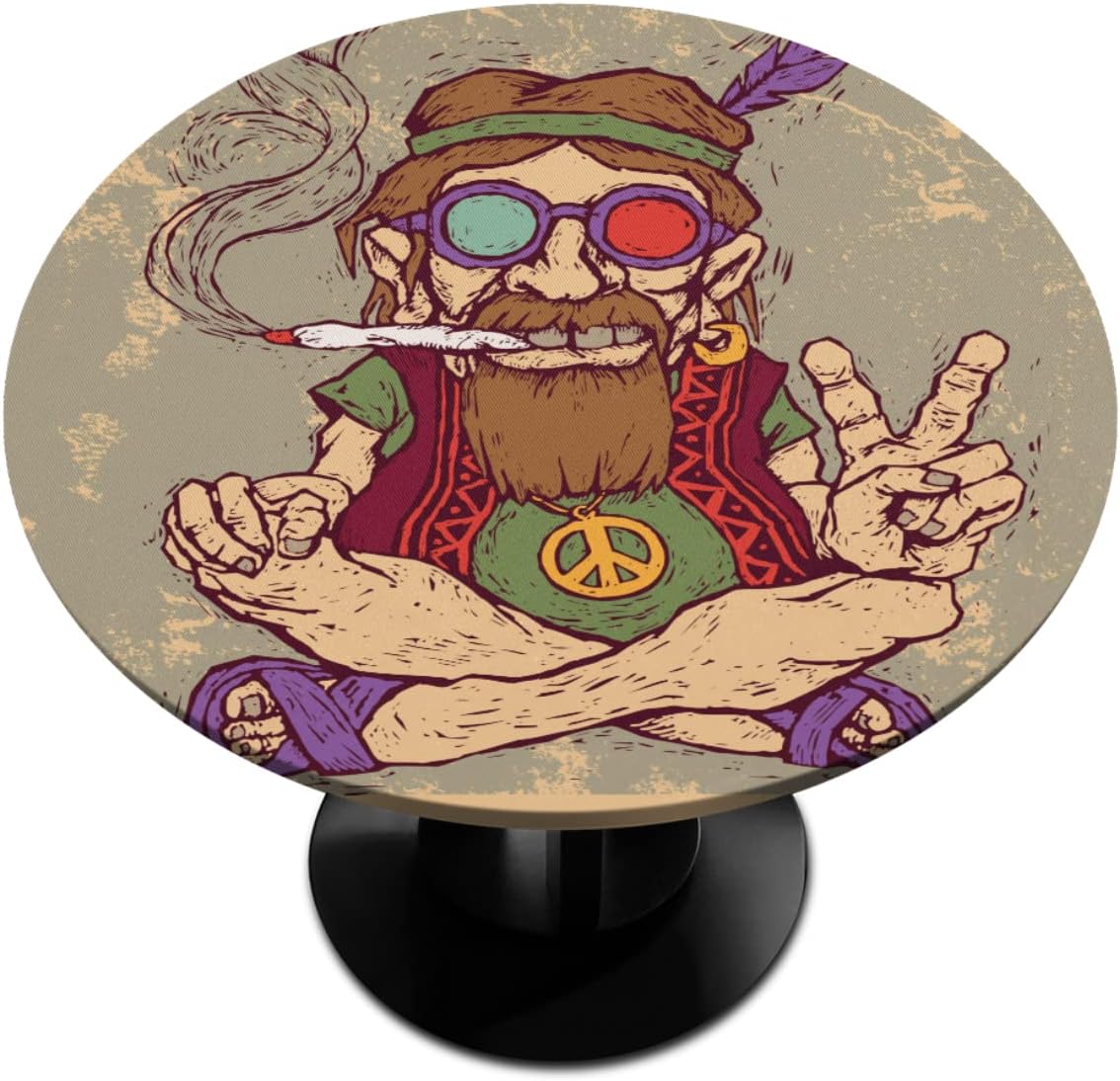 Victory Old Man Round Fitted Tablecloth with Elastic Edge Spring Summer Table Cover Waterproof Wipeable Table Cloth Linen for Indoor Outdoor Camping, Fits Tables Diameter 36" - 42"