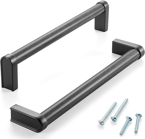 Miniatura 24 de Paquete de 5 tiradores de gabinete de 3–3/4 pulgadas estriado en negro y oro, manijas de gabinete mate en negro y oro cepillado AP1311, herrajes