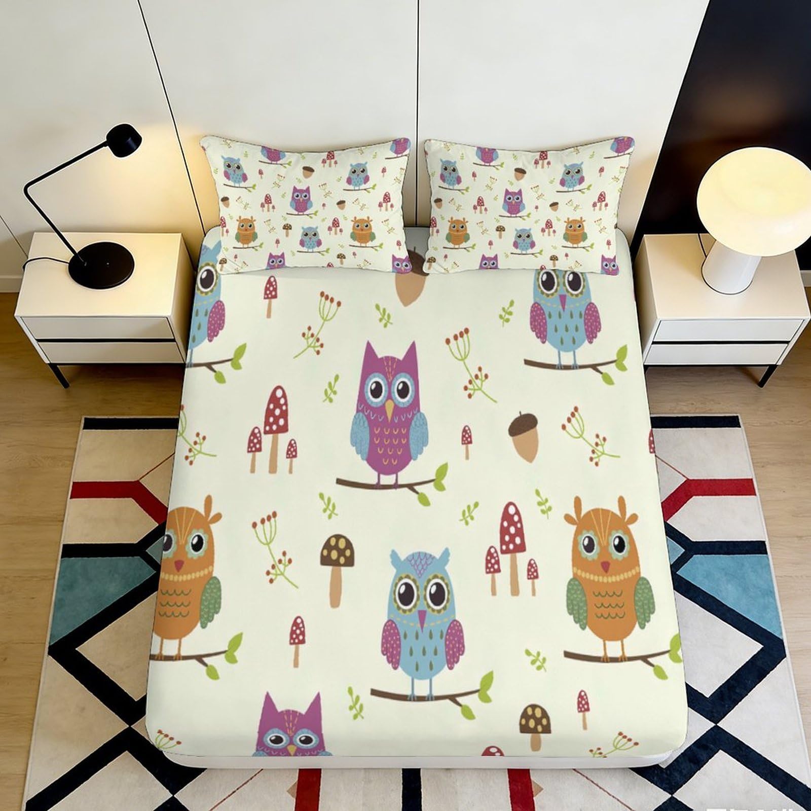 3D Printed Cartoon Owl Fitted Sheet Microfiber Soft Breathable Mushroom Mattress Cover for Bedroom Dormitory Guest Room Mattress Protection Decor 120x200x25cm