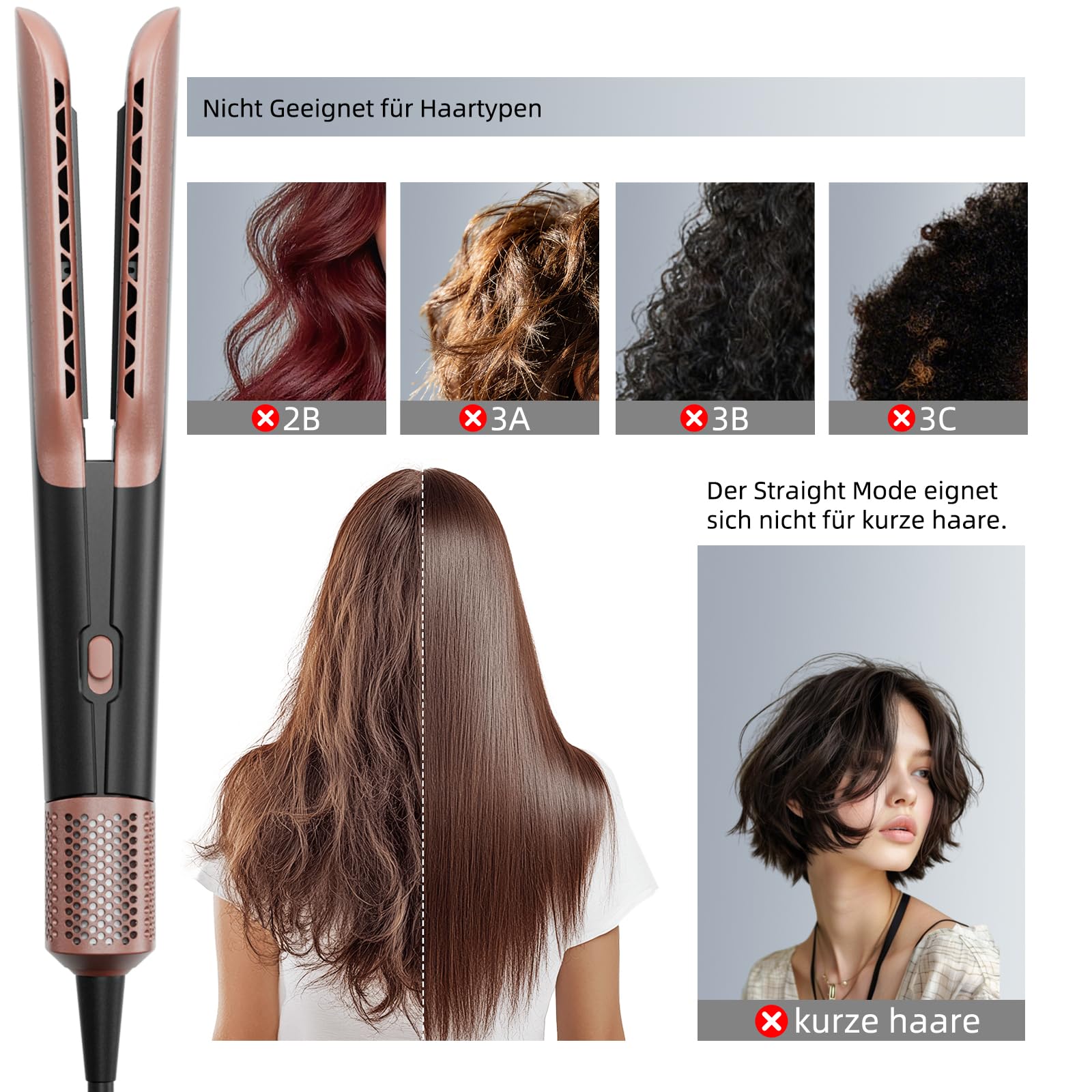 Airstraight Glätteisen mit Föhn, Ionen Air Haarglätter, Keine Hitzeschäden, Keine Heißen Platten, 110.000 U/min Air Straight Hair Straightener, 1300W, Max 160 ℃, für Mittleres Haar und Langes Haar