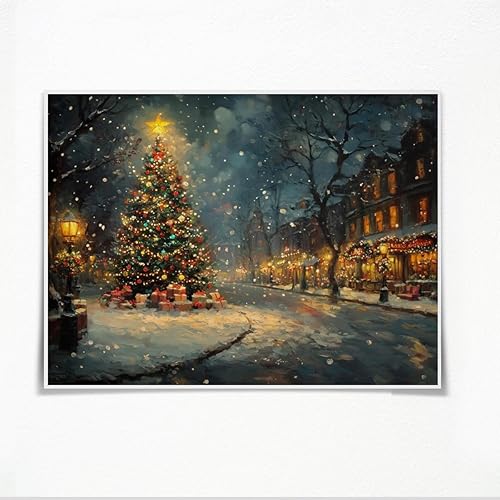 Vintage Christmas Street Scene Canvas Print - Winter Village Holiday