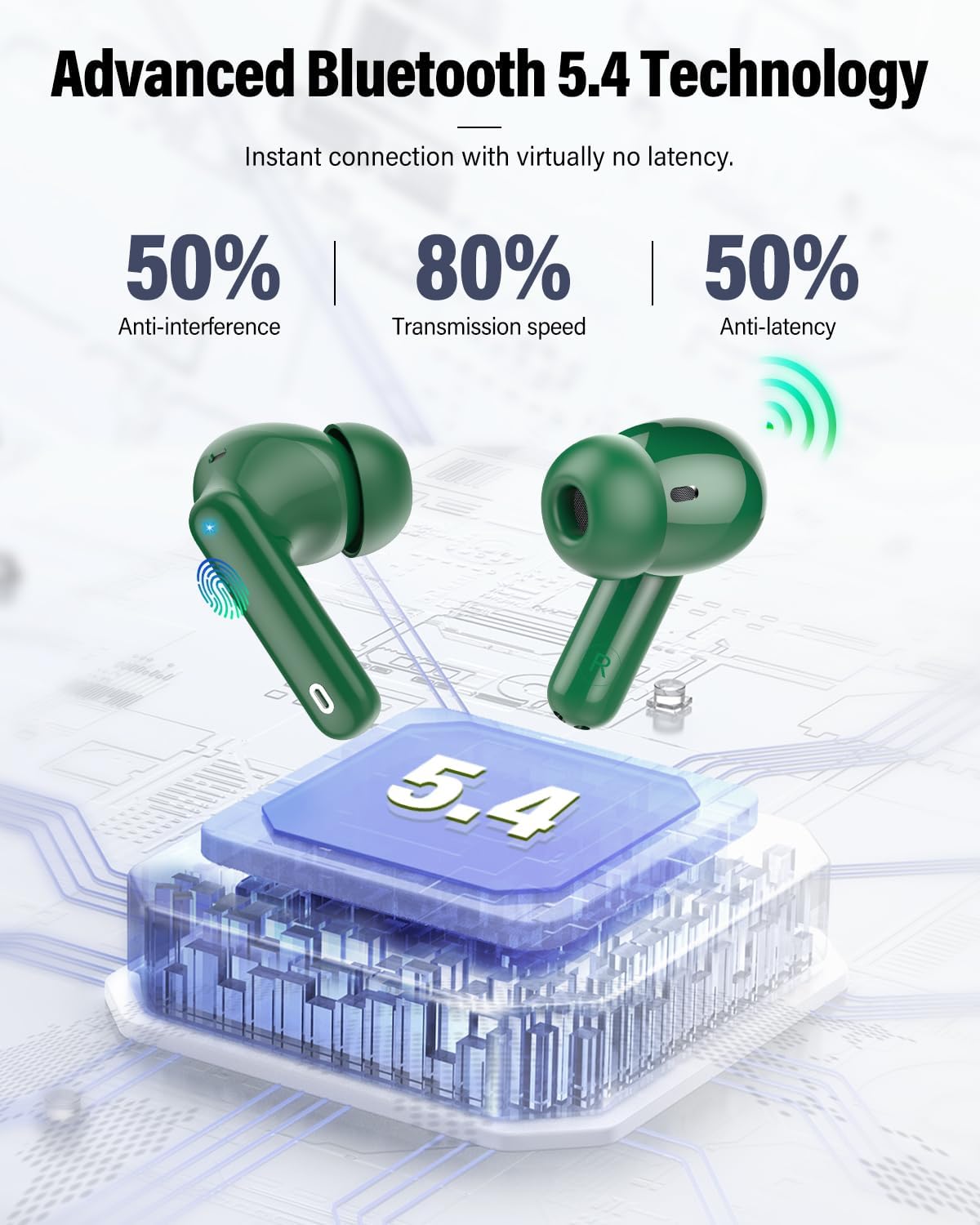 Wireless Earbuds, Bluetooth 5.4 Headphones Bass Stereo, Ear Buds with Noise Cancelling Mic, LED Display in Ear Earphones Clear Calls, IP7 Waterproof Bluetooth Earbuds for Laptop/Phones/Sports, Green - Image 4