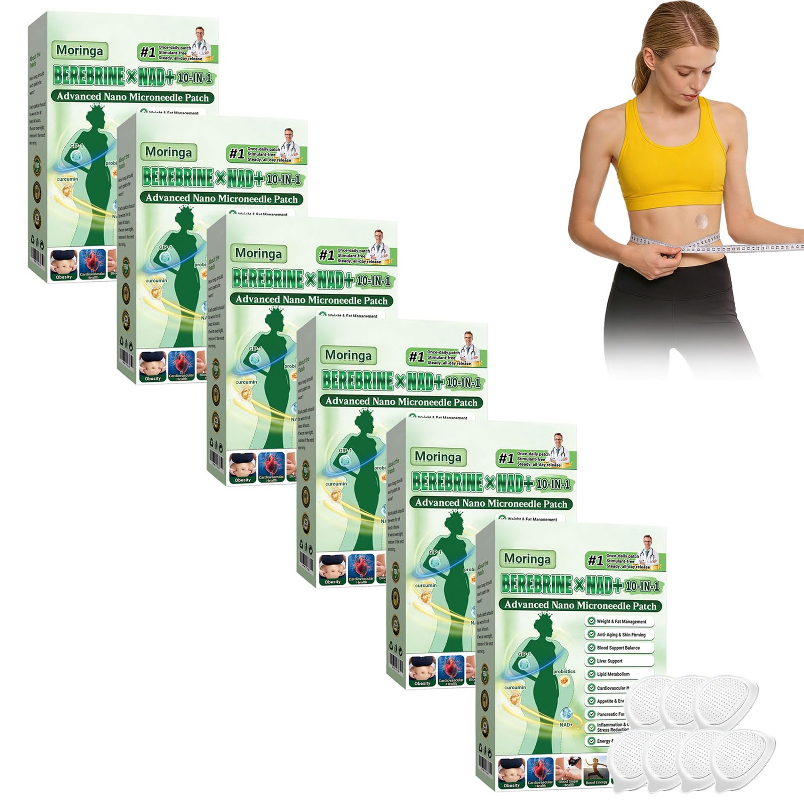6 Cajas Moringa x Berberine Patch 10 en 1, Parche Avanzado de Nano Microagujas, Ingredientes Naturales, Parche de Metabalance Profesional, Fácil de Aplicar, para Hombres y Mujeres (6 Cajas)