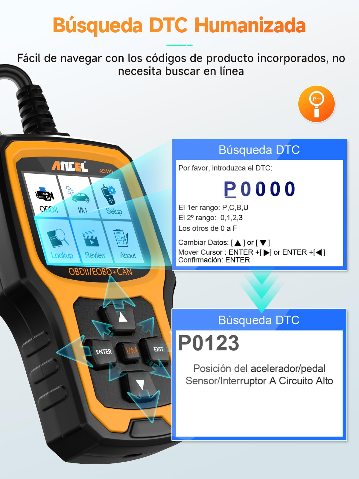 ANCEL AD410 OBD2 Diagnosis Coche Escáner Maquina en Español | Diagnostico Coche Multimarca,Lector de Fallas de Luz del Motor,Scanner OBD2 para Todo el Coche OBDII Después de 2002