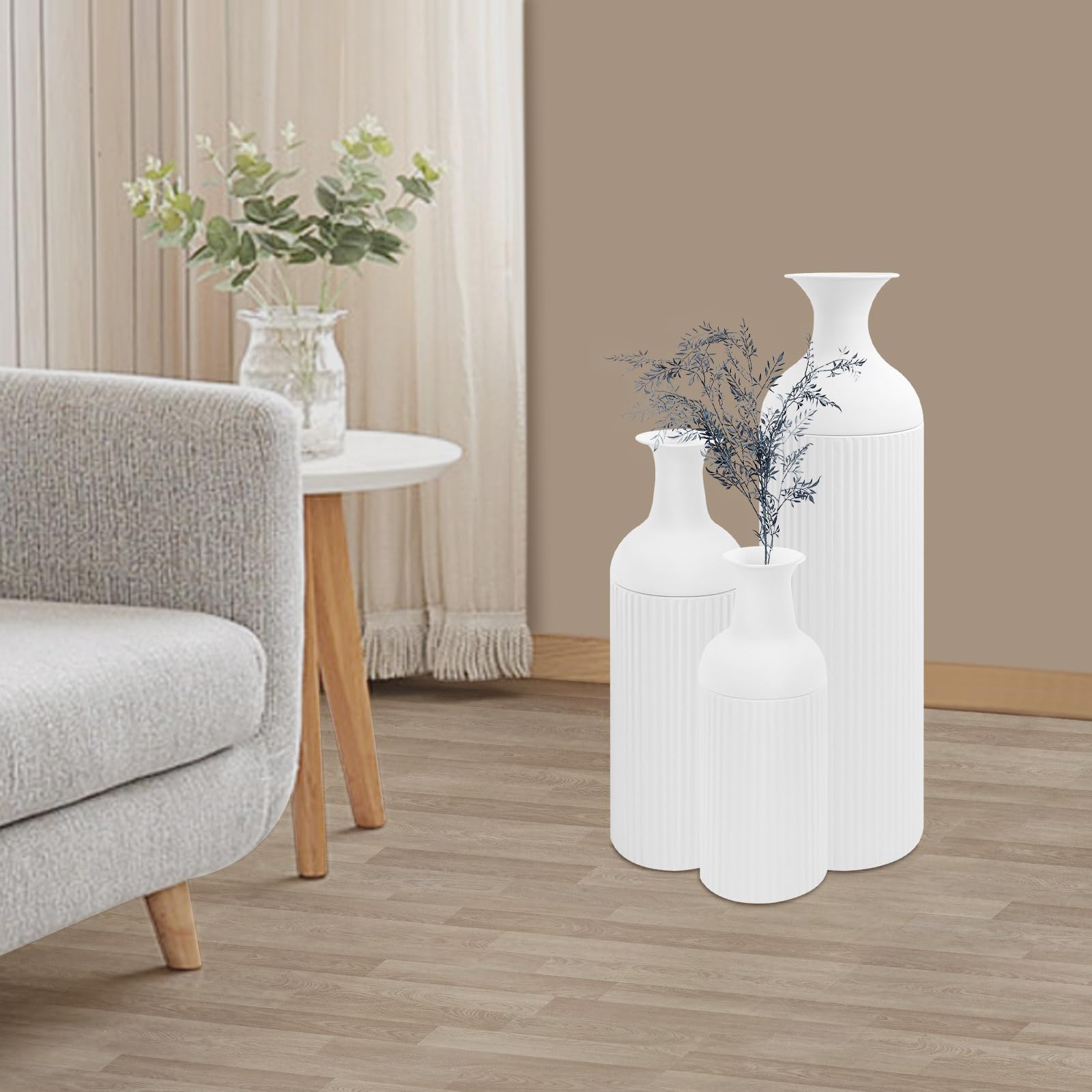 3er Set Bodenvase Groß Vasen, Metal Boden Tischplatte Blumenvasen, Moderne Deko für Wohnzimmer, Tisch, Regal, Kaminsims, Eingangs zum Pampasgras & Trockenblumen (Groß+Medium+Klein, Weiß)