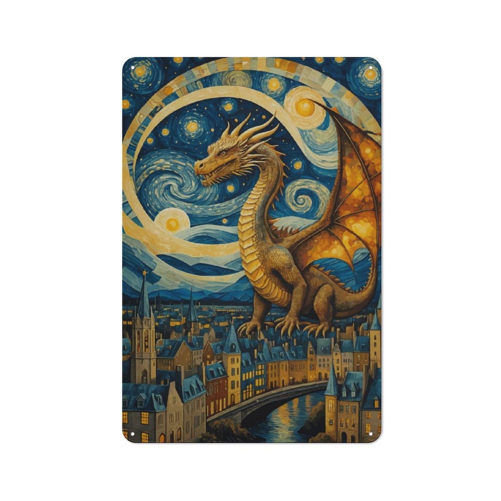 Junmoney Dragon Over Cityscape Rustic Metal Plaque 30X20cm For Studio Or Craft Room, Suited To Craft Room Decorators