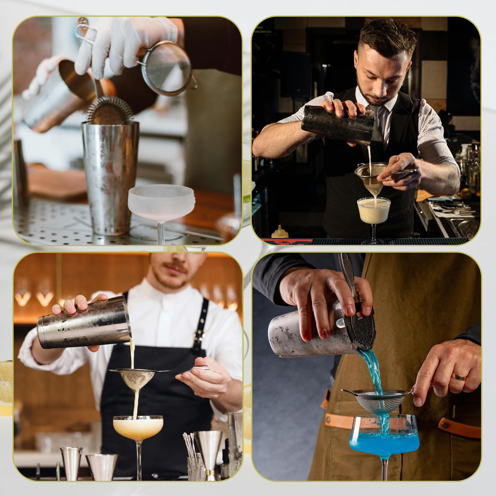 Confezione da 10 colini da cocktail in acciaio inox, 5 colini a forma di cono a maglia fine e 5 colini a 4 rebbi per bevande per barman succhi di frutta, tè, caffè