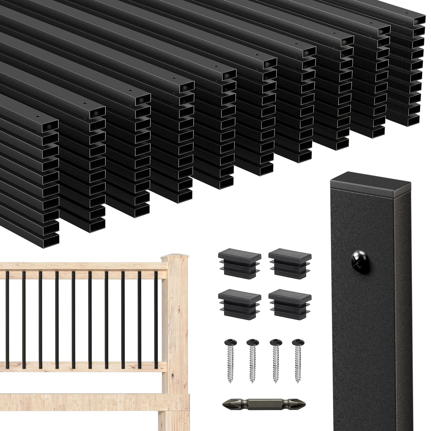 Photo 1 of 100 Pack Deck Balusters 36'' Straight Baluster, Metal Deck Railing and Indoor Stairs Railing, Hollow Rectangular Stair Railing with Screws for Deck Railing and Outdoor Porch (Black)