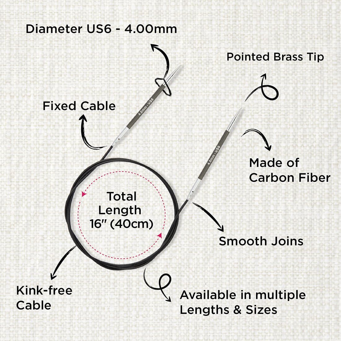 KnitPro Karbonz Fixed Circular Needle 16" (40cm) | US Size 6 (4mm)