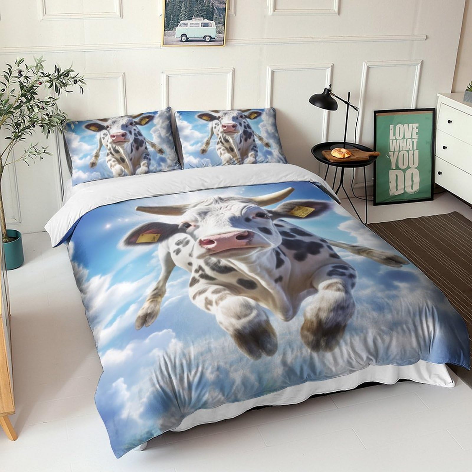 Housse de couette vaches volantes pour chambre d'enfant et ado parure microfibre rigolote