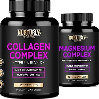 NURTURLY Magnesium Citrate & Oxide 500mg Complex Supplement and Multi Collagen Peptides Powder Capsules - High Absorption ...