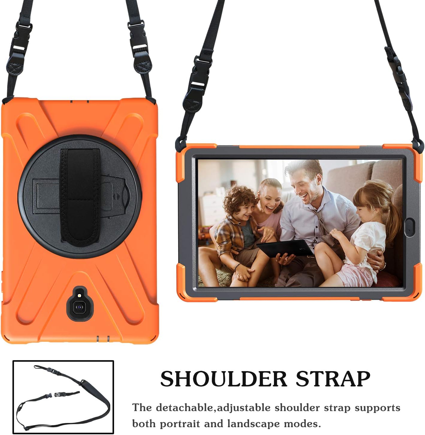Rugged Case for Samsung Galaxy Tab A 10.5" 2018 (SM-T590/T595/T597), Portable Hybrid Shock-Proof Cover with 360° Rotatable Hook&Loop Handle,Shoulder Strap (Orange)