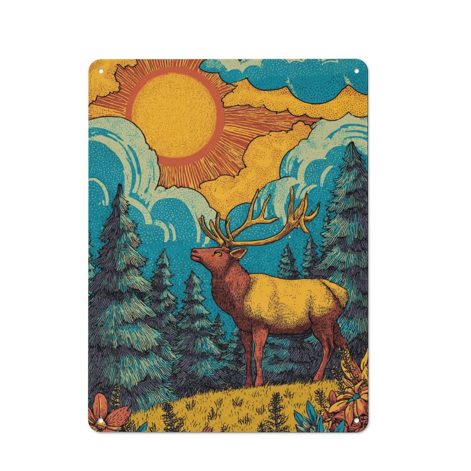 Junmoney Elk In The Forest Glow Vintage Metal Wall Decor 40X30cm, Vintage Metal Sign For Cafe, Bistro, Bakery Or Restaurant