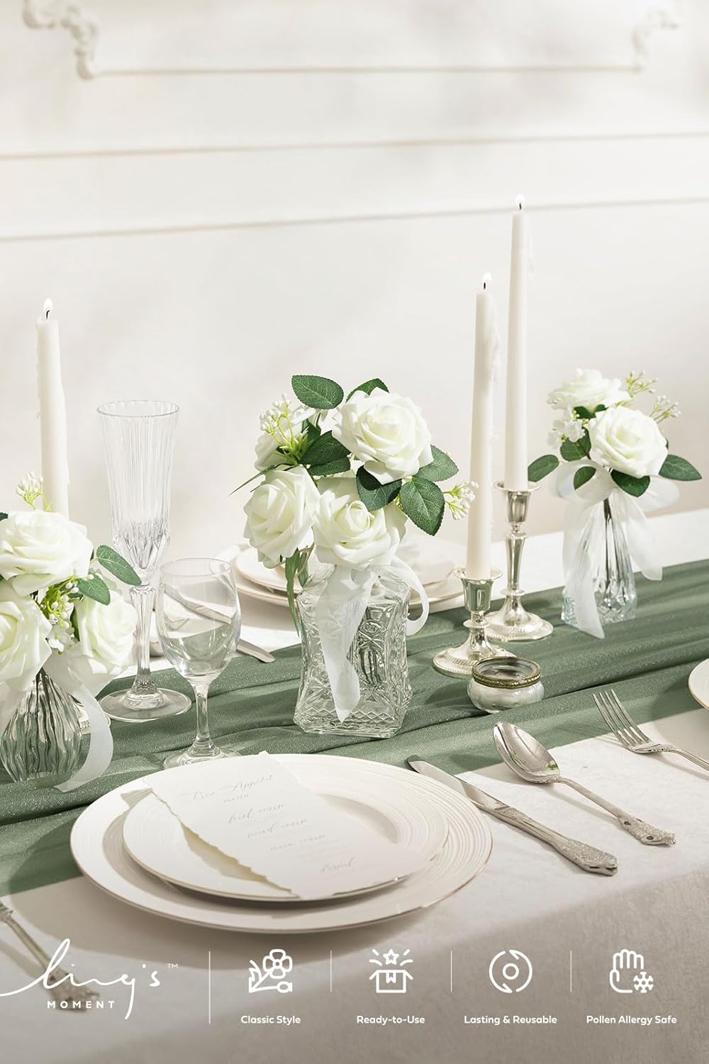 Ling's moment Artificial Flowers 50Pcs Ivory Roses Decor w/Stems,3" DIY Foam Floral for Wedding Bouquet/Centerpieces, Outdoors Party Backdrop, Room/Table, and Garden/Pot Decorations