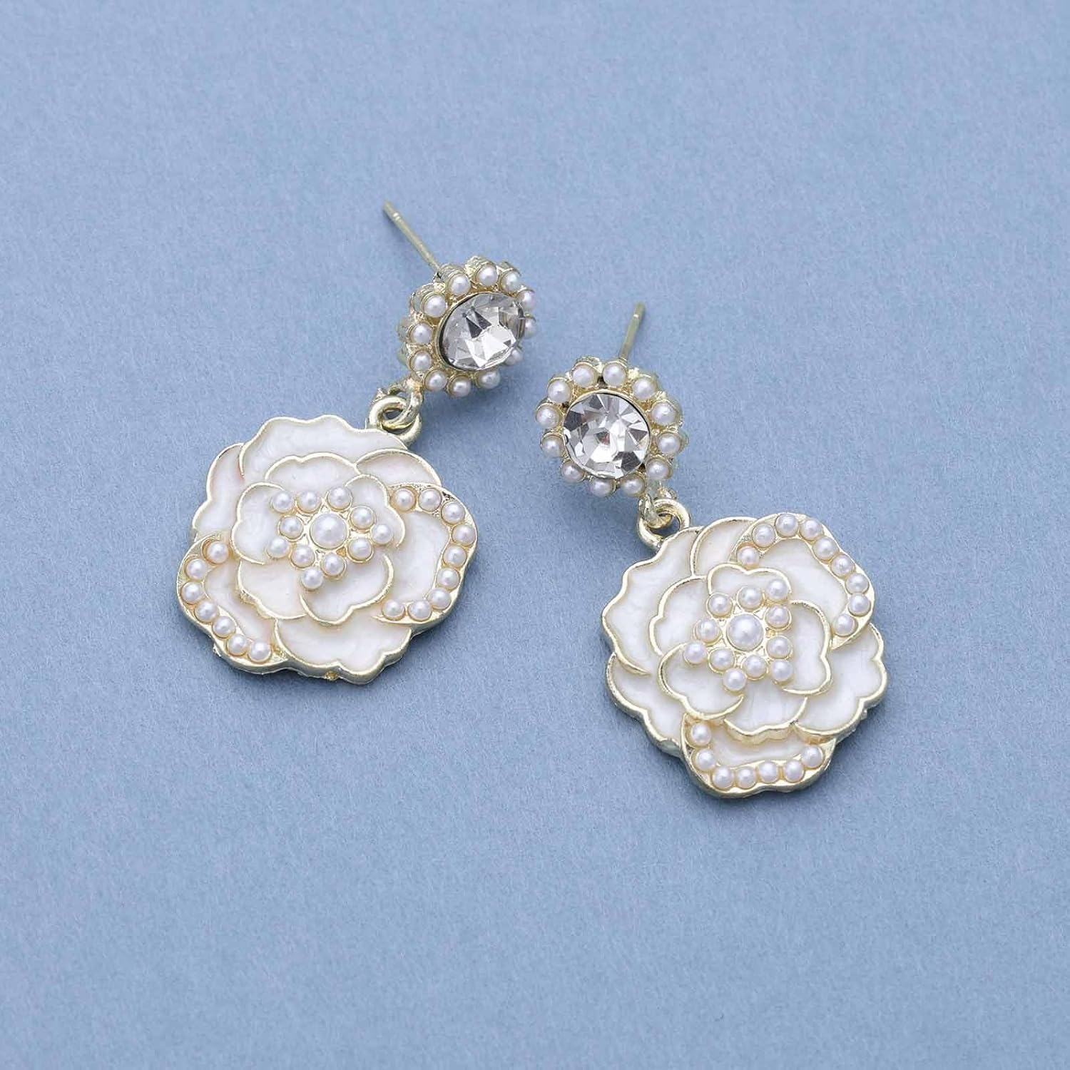 Bohemian Pearl Camellia Dangle Earrings White Enamel Camellia Drop Earrings Crystal Cz Pear Stud Earrings Pearl Camellia Flower Earrings Jewelry for Women(White) - Image 6