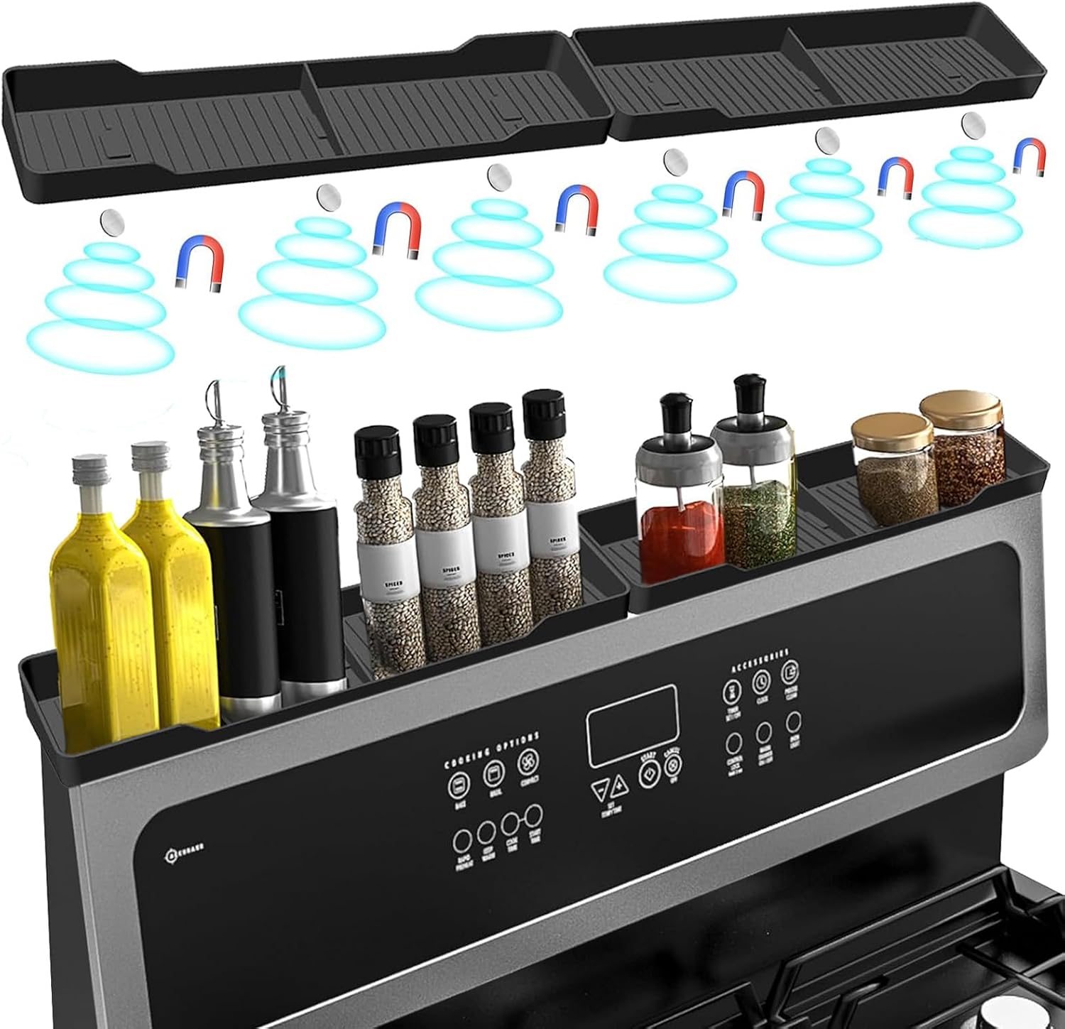 30" Silicone Magnetic Stove Top Shelf (2x15") with Bonus Adhesive Metallic Pads|Heat Resistant Range Accessories Organizer for Spices,Oil,Condiments|Fits Metal& Non-Metal Stove Tops,Easy Install