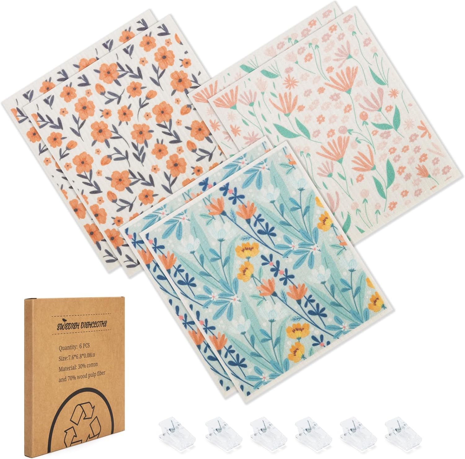Swedish Dishcloths for Kitchen, 6 Pack Florals Swedish Dish Towels with Clips, Reusable Paper Towels Washable Non-Scratch Super Absorbent Cellulose Sponge Cloths, Biodegradable No Odor