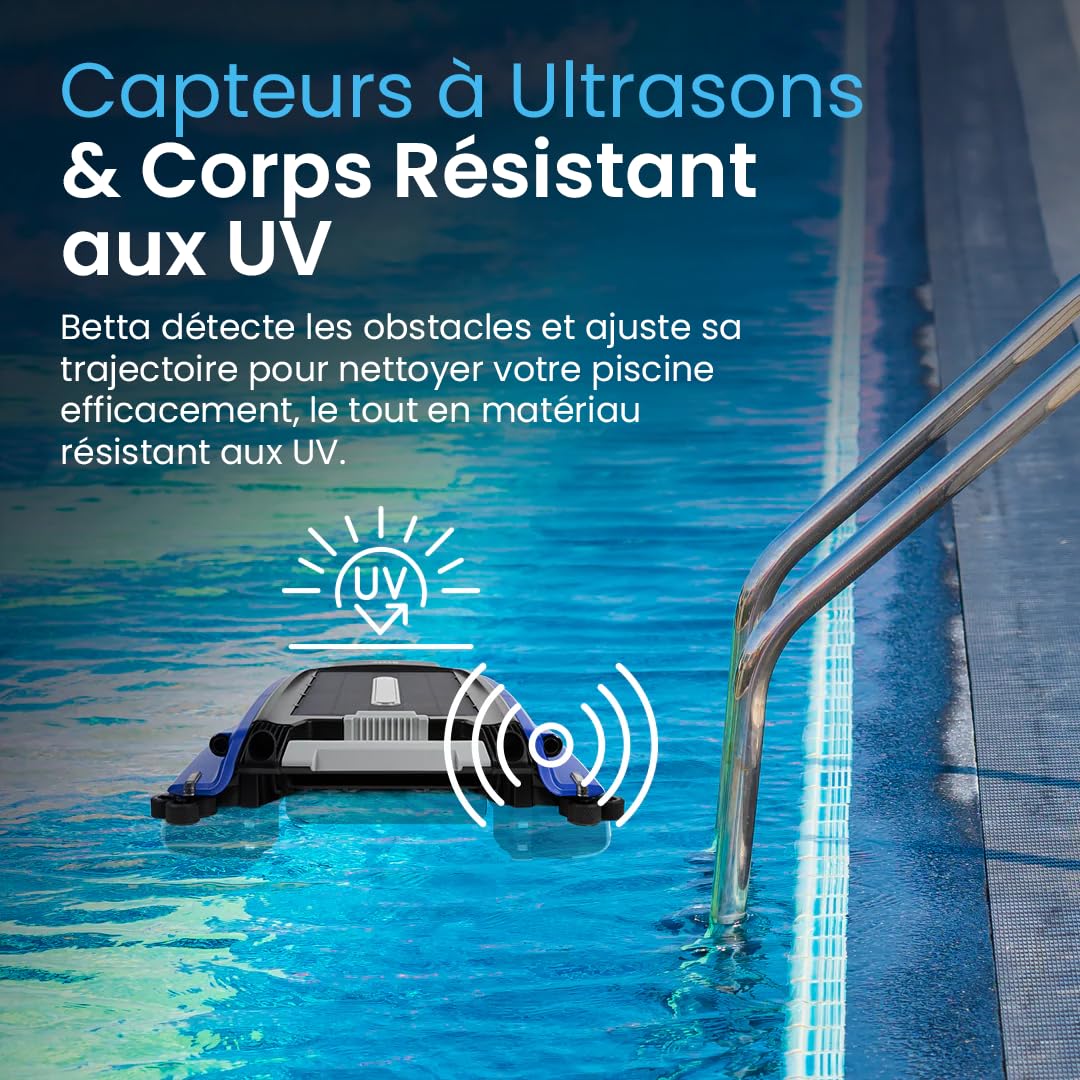 Betta SE Robot Nettoyeur Skimmer Solaire de Surface Piscine, Autonomie 30h, Moteurs Résistants Sel/Chlore, Anti-Obstacle Intelligent, Nettoyage Automatique 24/7 - Bleu