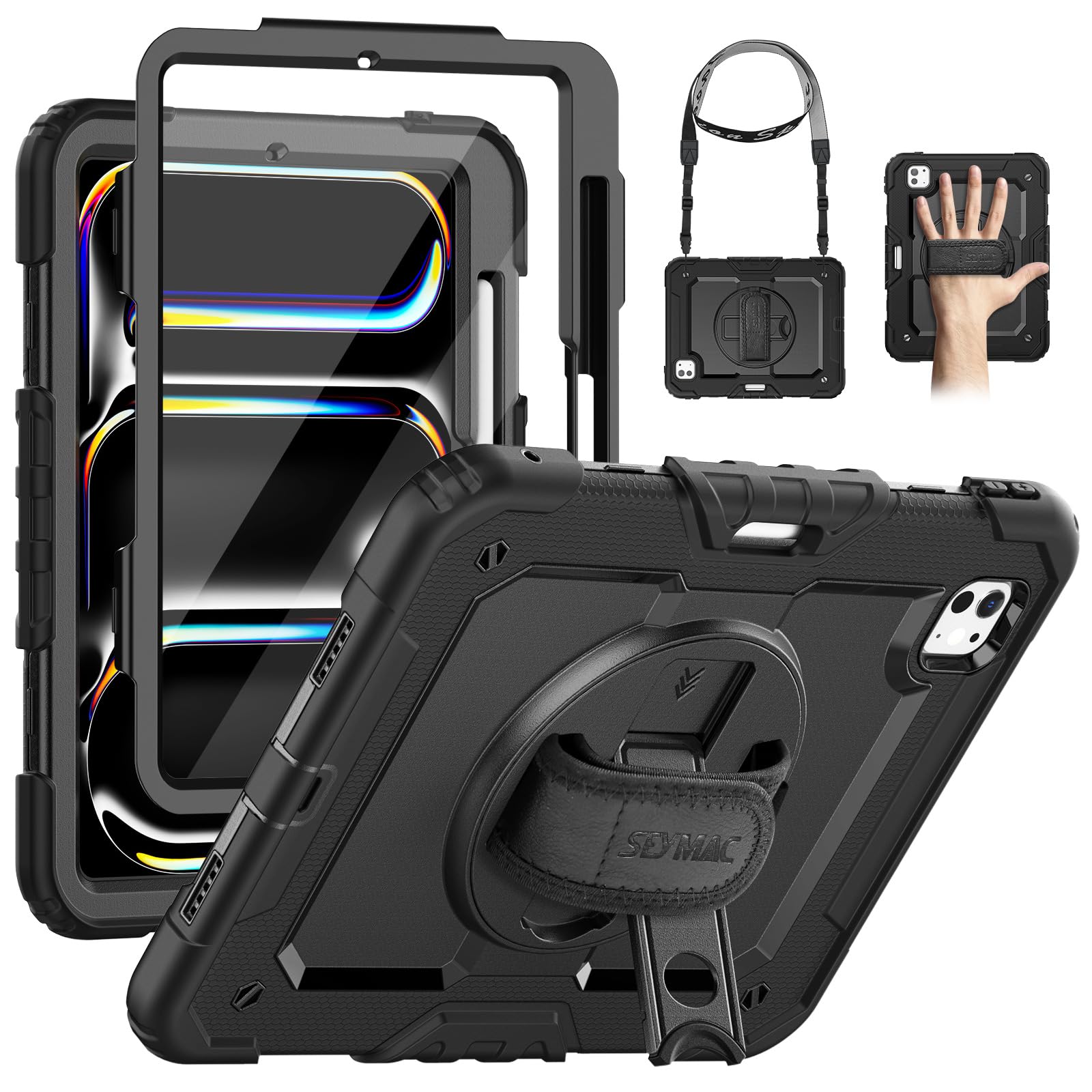 SEYMAC Custodia per iPad Air 11 Pollici M4/M3/M2(2026/2025/2024), Custodia Antiurto con Protezione per lo Schermo, Portapenne, Supporto Girevole a 360 Gradi, Tracolla per iPad Air 11, Nero