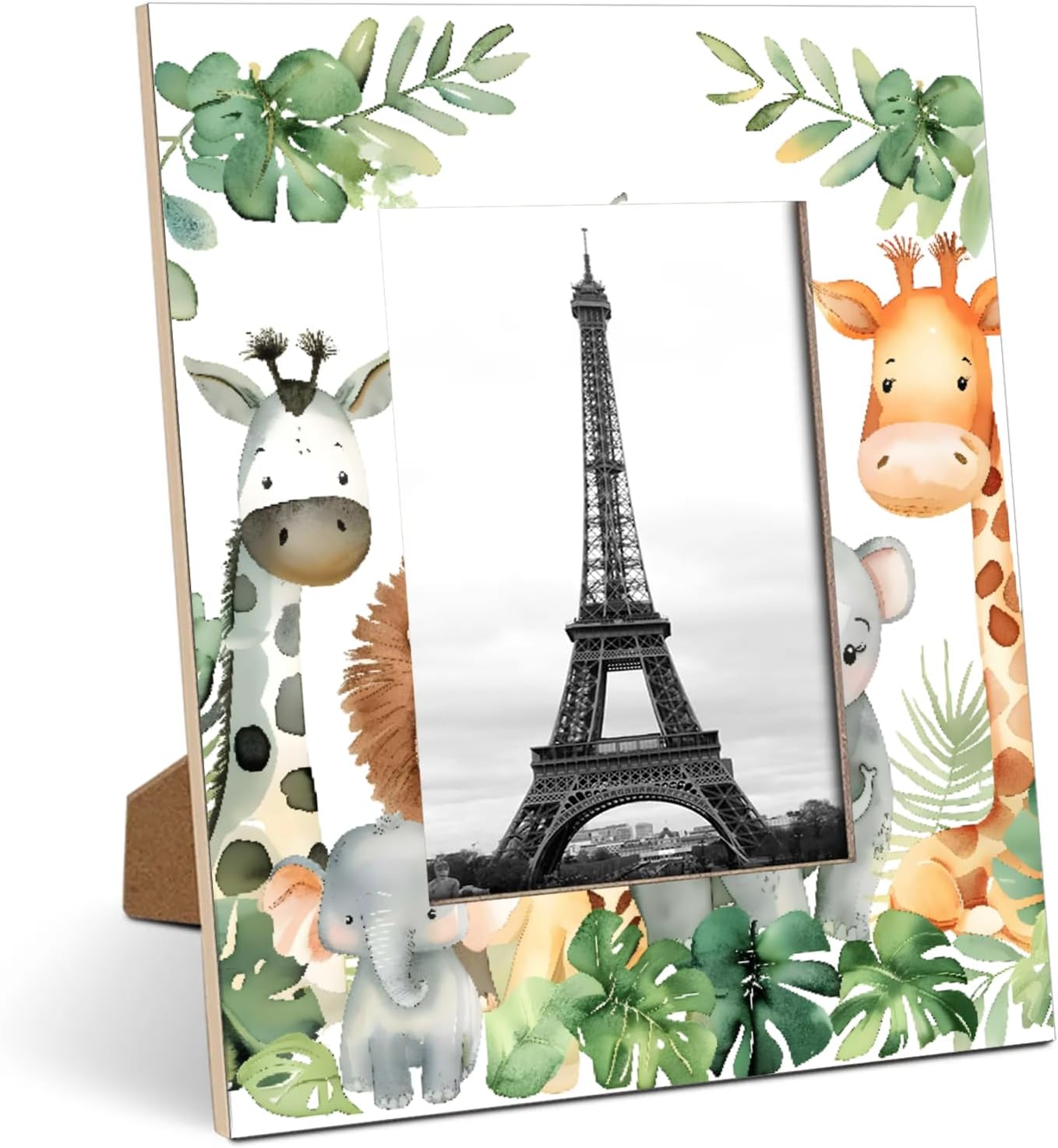 Tropical Rainforest Animals Jungle Elephant Giraffe Lion 4x6 Picture Frame, Wood Photo Frame for Table Top Display Horizontal Display or Wall Mounting Vertical Picture Frame