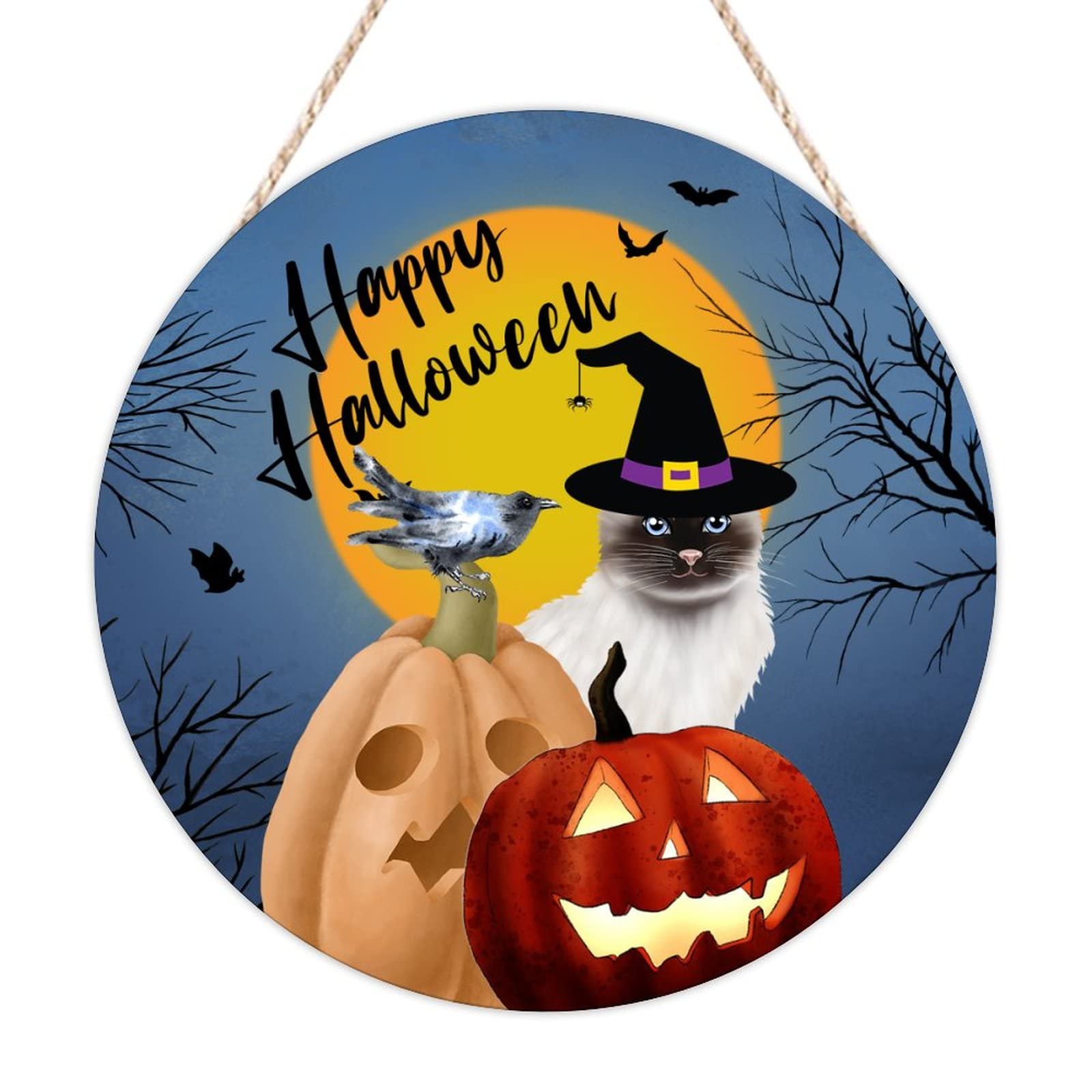 Panneau bienvenue Halloween en bois de citrouille noir 40cm pour décoration murale suspendue