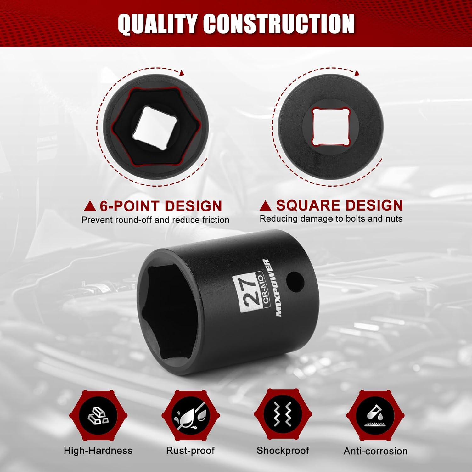 MIXPOWER 1/2" Drive Shallow Impact Socket, CR-MO, 27mm, 6 Point, Radius Corner Design, Axle Nut Impact Grade Socket for Easy Removal image 4