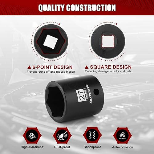 Miniatura 29 de MIXPOWER Enchufe de impacto profundo de 1/2", CR-MO, 1.417 in, métrico, 6 puntos, tuerca de eje de grado de impacto para una fácil extracción