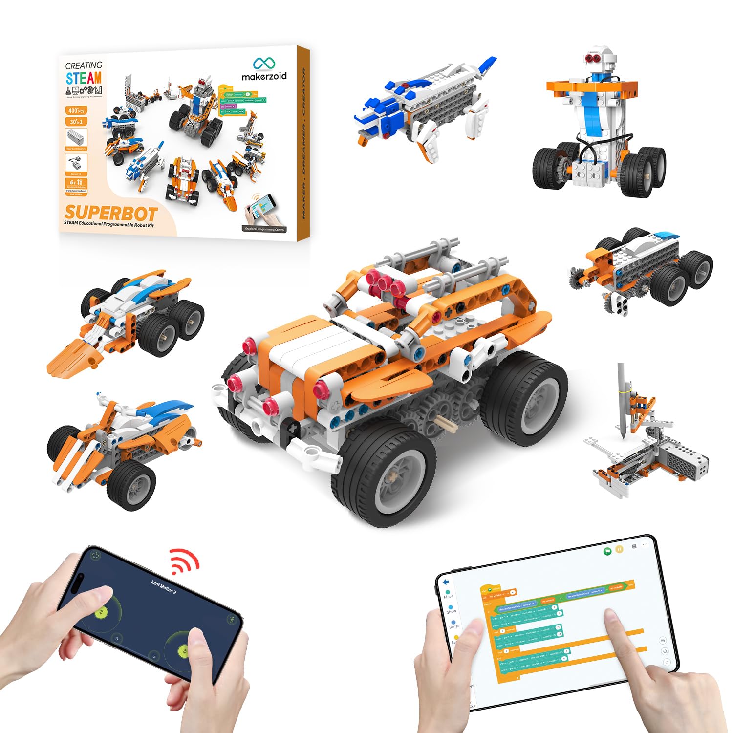 Makerzoid STEM Coding Robot Kits for Kids, 26-in-1 Educational Programmable Scratch Jeep Robotics Kit, APP RC Robot/Car Birthday for Boy Girls Ages 6+(400+ Pcs)