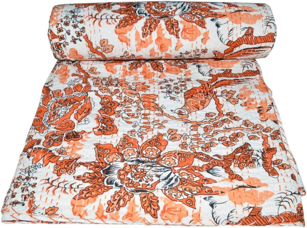 YUVANCRAFTS Kantha Bird Screen Print Cotton Quilt Indian Bedspreads (Pink)