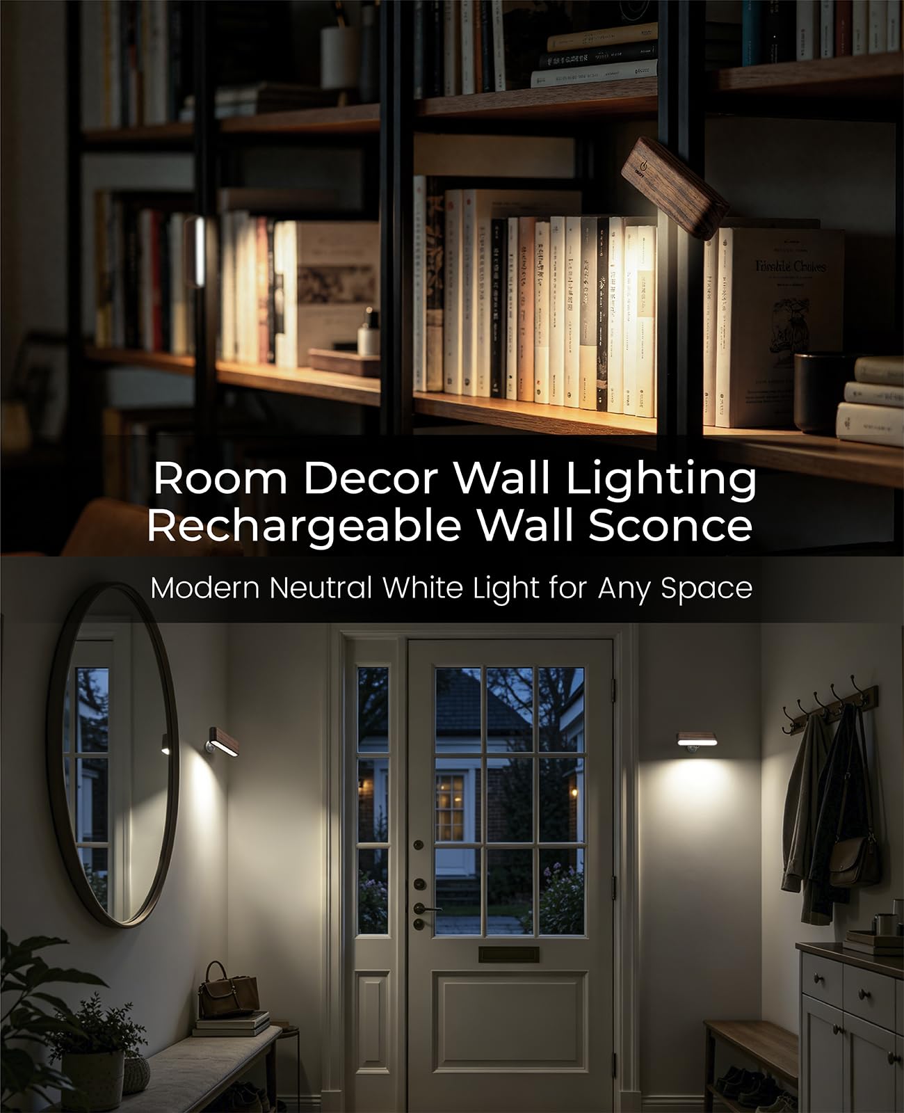 Aplique de pared LED de madera magnético giratorio de 360°, mini lámpara de brillo ajustable, luces nocturnas recargables, luz de lectura alimentada por pilas, para mesita de noche, pasillo, sala de