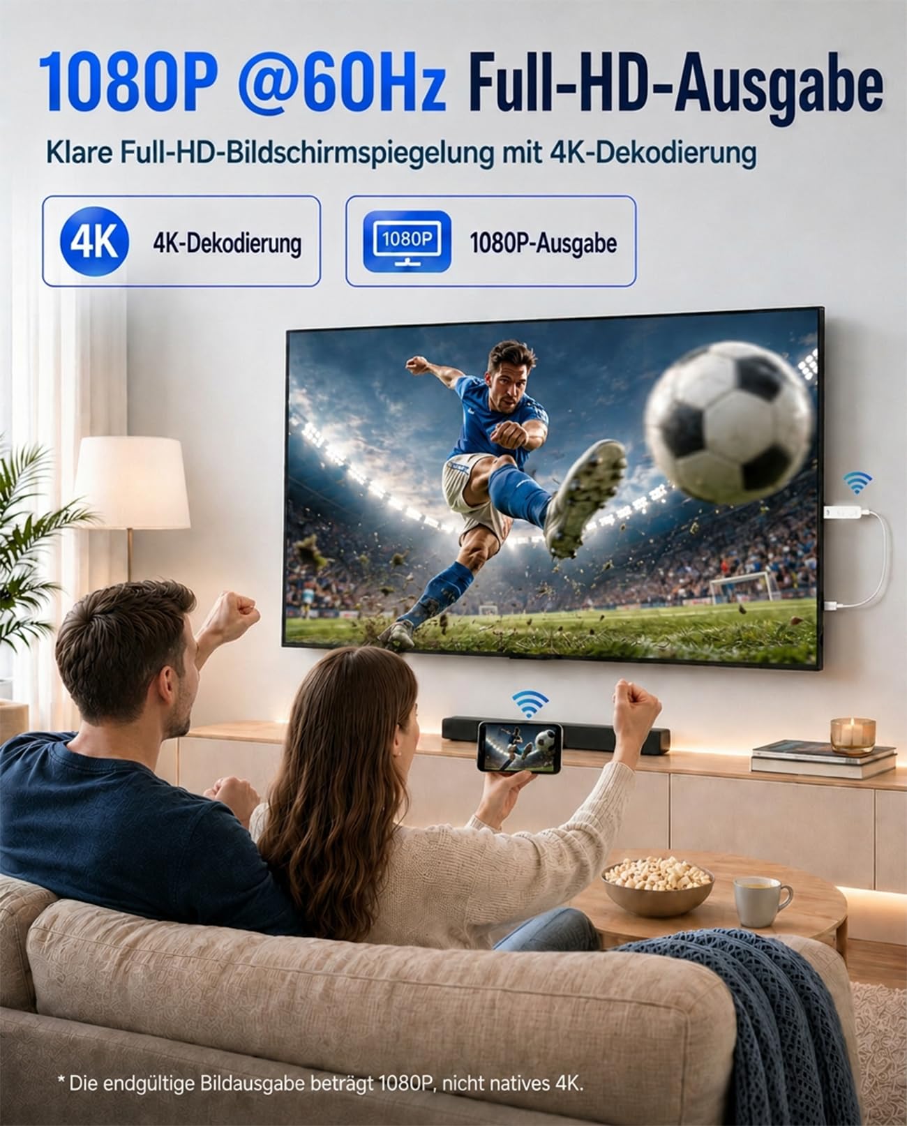 Wireless HDMI Display Dongle Adapter, 1080P@60Hz, 2.4/5GHz, Plug & Play