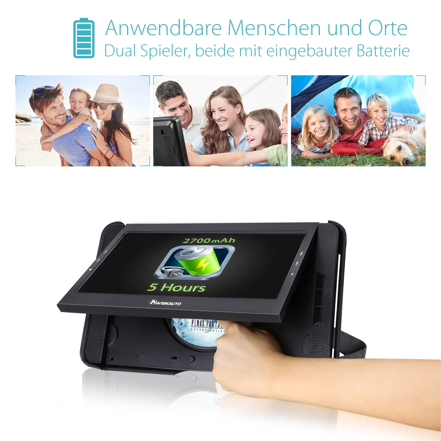 NAVISKAUTO 10,1" DVD Player für Auto Tragbarer DVD Player 1080P HD TFT Bildschirm FM Kopfstütze Monitor Memory HDMI SD USB mit IR Kopfhörer 12V (Doppel Player)