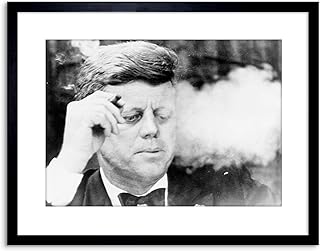 9x7 '' VINTAGE PHOTO B&W JFK KENNEDY SMOKING CIGAR FRAMED ART PRINT F97X1714