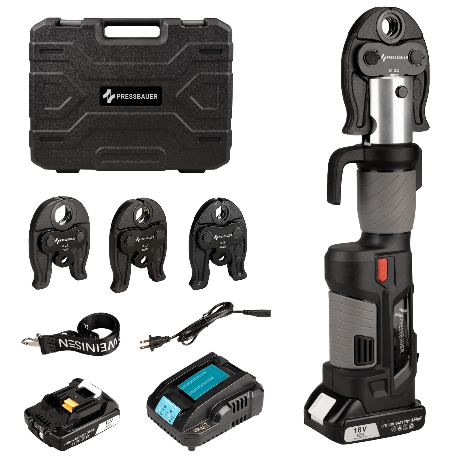 Professional Akku Presswerkzeug, Schubkraft 24KN Elektrisches Crimpwerkzeug mit M15, M22, M28-Backen, Pressmaschine mit 2 Stück 21V-4,0-Ah-Akku, Schnellladegerät und Tragetasche