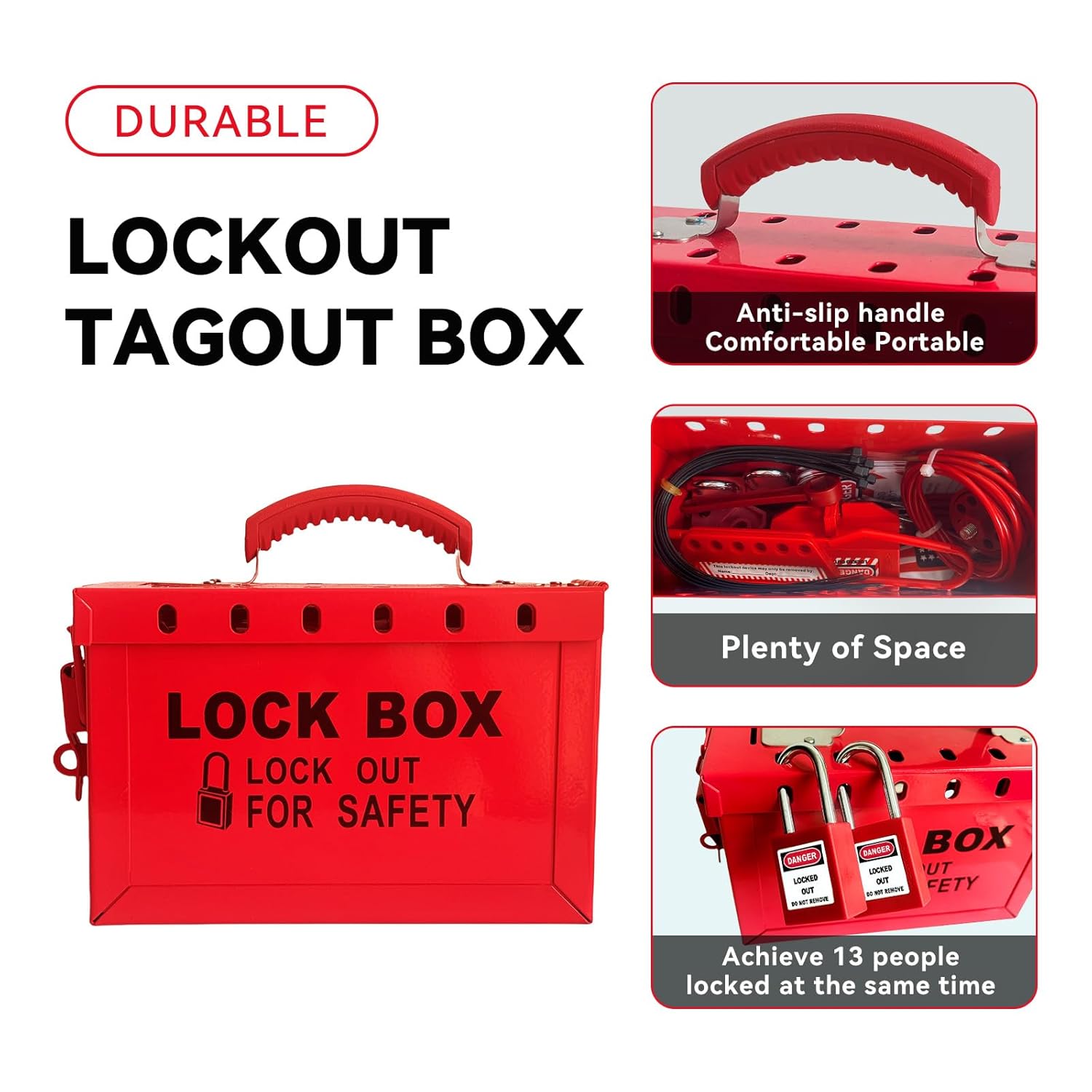 Lockout Tagout Lock Box Portable Group Loto Box Kit Steel Safety Lockout Padlocks, Nylon Lockout Hasp, Safety Tags, Steel Hasp, Nylon Cable Ties, Plug Lock