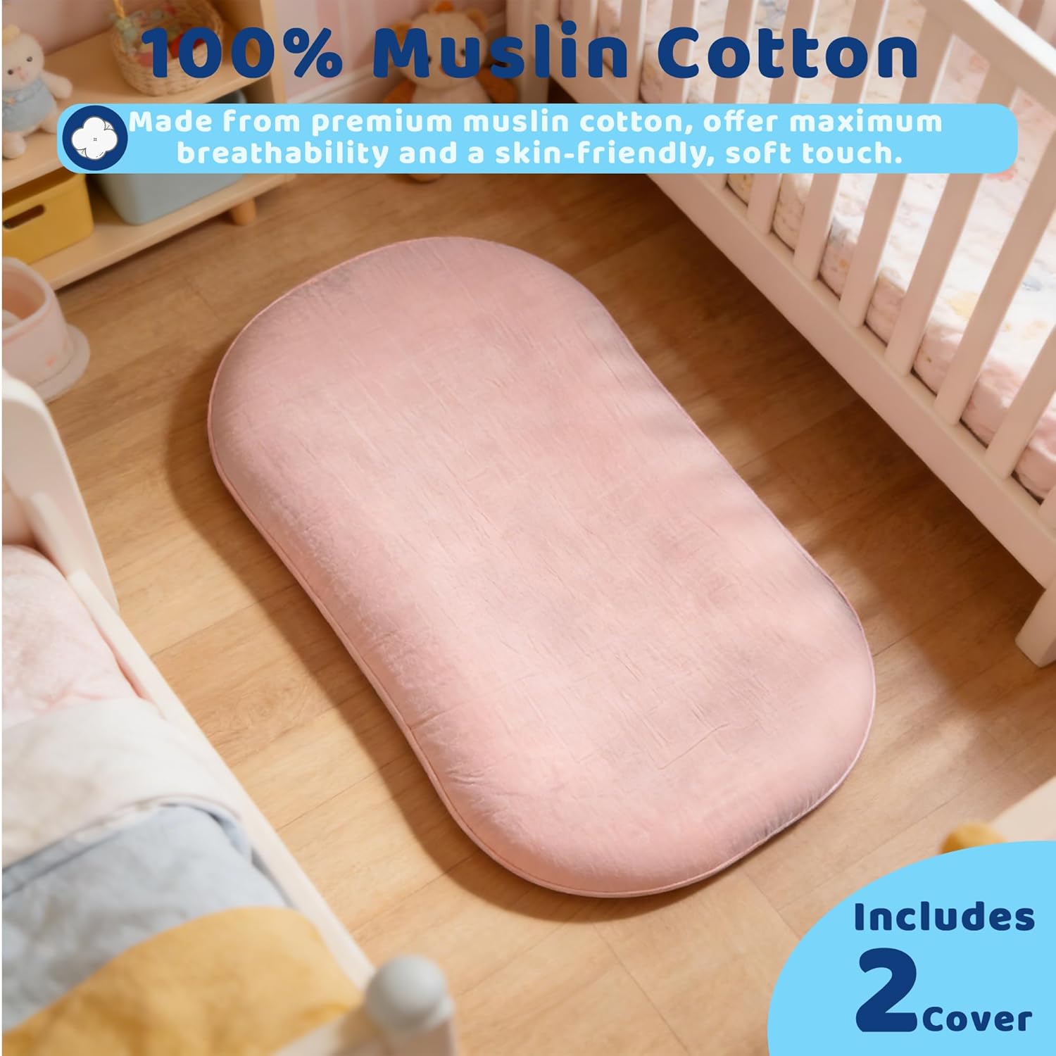 Baby Lounger, Newborn Lounger with Breathable & Soft Cover for Floor, Couch & Travel, 0-24 Months Newborn Babies Essentials Gifts. Pink (2 Cover Included)