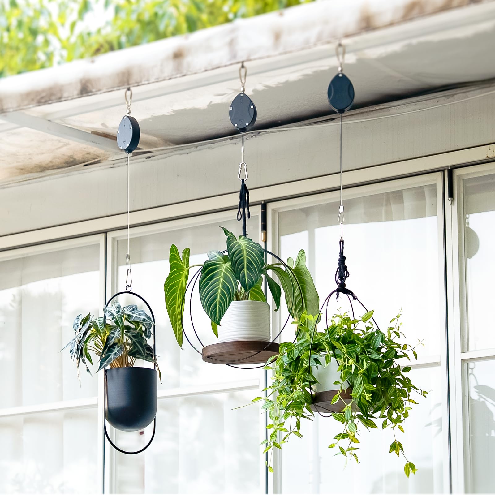 Bamworld 3 Pezzi Appendi Piante Retrattile Aggiornato, Sistema a Carrucola Auto-Bloccante per Appendere Vasi, Mangiatoie per Uccelli e Cestini da Giardino, Fino a 15kg