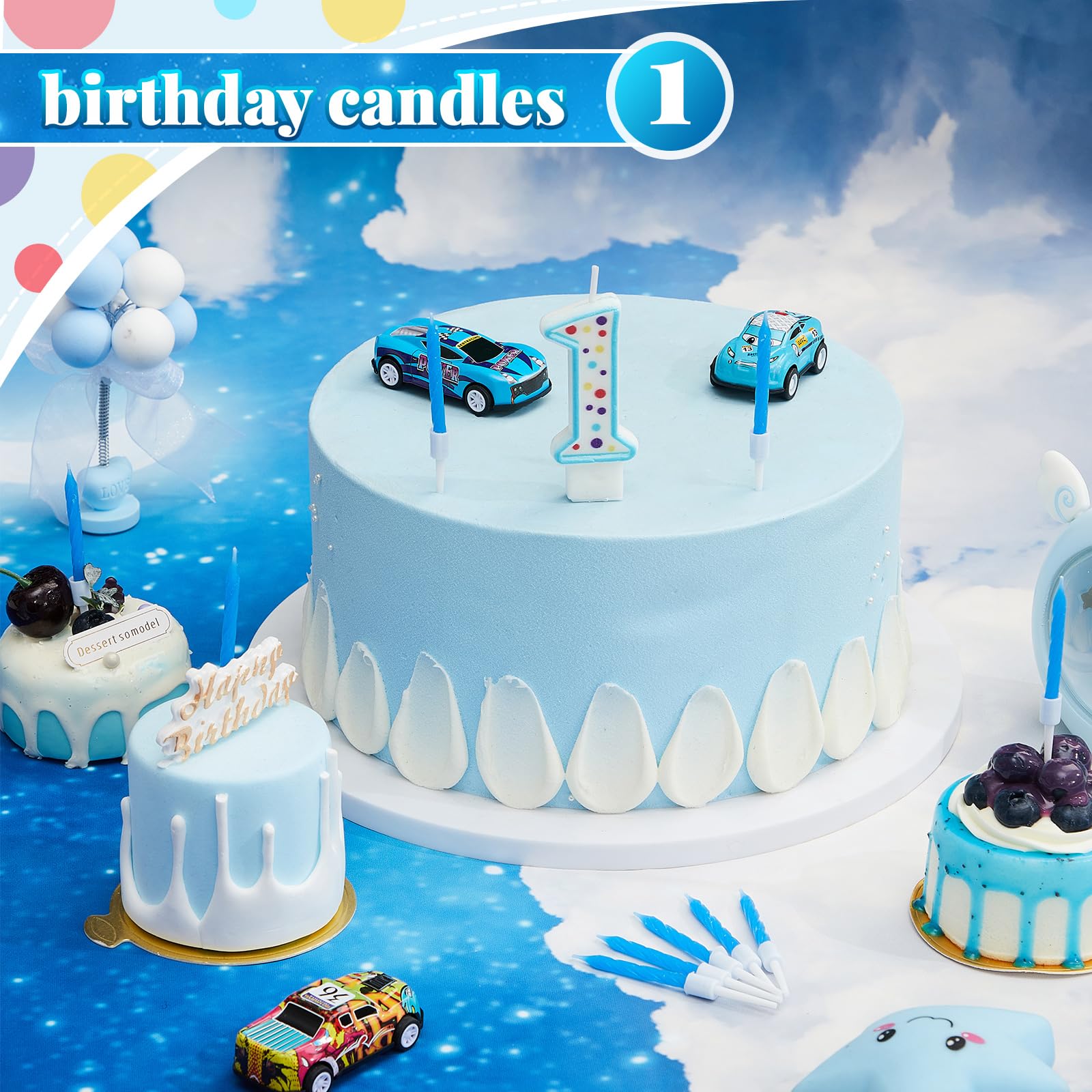 MTLEE Blaue Zahlenkerze mit 10 langen, dünnen Cupcake-Kerzen, Happy Birthday-Kerzen, für Jungen, Mädchen, Zahlenkerzen für Geburtstagskuchen, Zahlen, Geburtstag, Kuchenaufsatz für Sweet Dots Party