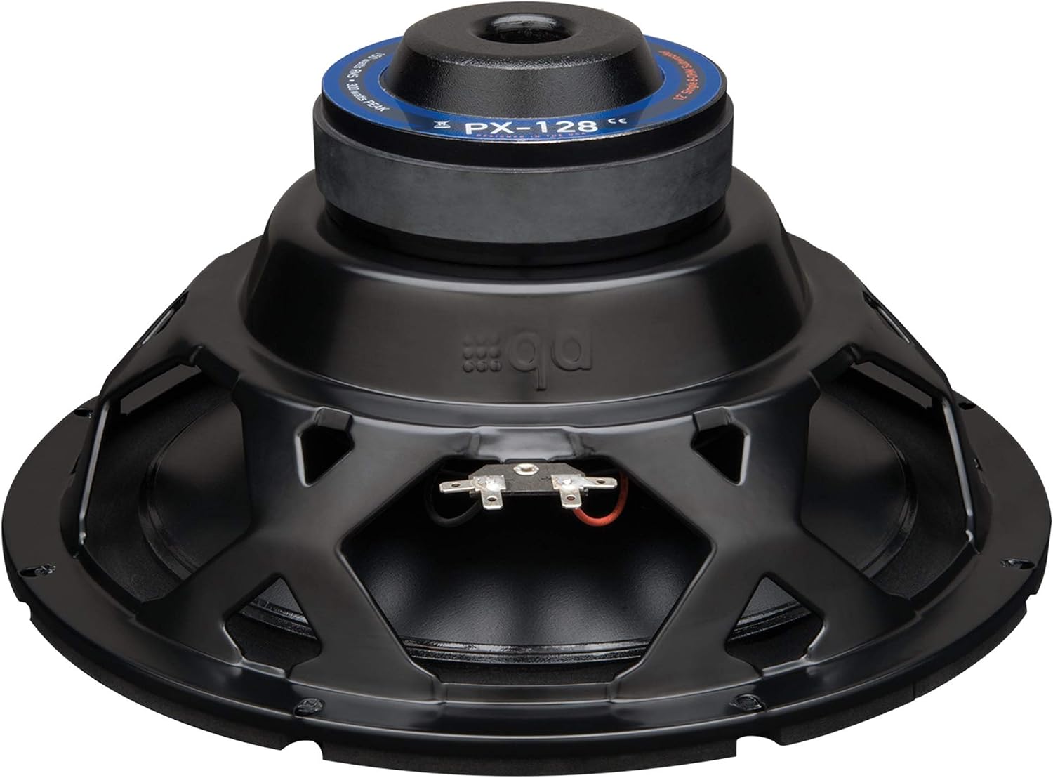 Rear view of a single PowerBass PX-128 12-inch subwoofer showing the magnet and terminals.