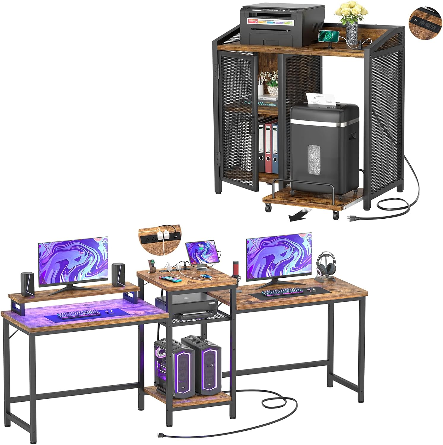 Amazon.com : Unikito Double Computer Desk with LED Strip and Power ...