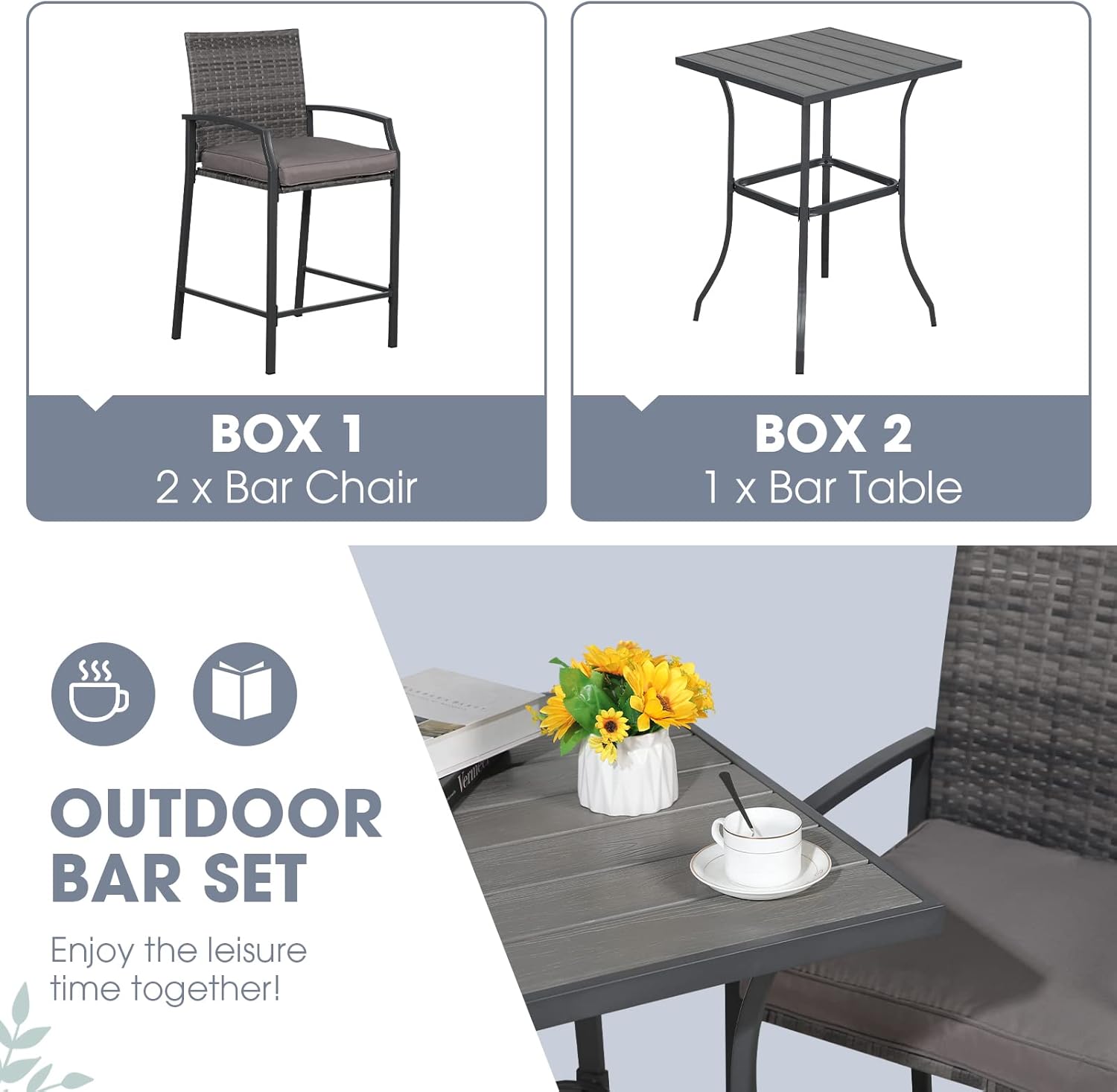 OC Orange-Casual 3-Piece Patio Bar Set, All-Weather Wicker High Top Outdoor Table and Chairs, 2 Height Rattan Bar Stools with Wood Grain Top Coffee Table, for Porch, Garden, Bistro, Grey Cushion : Patio, Lawn & Garden
