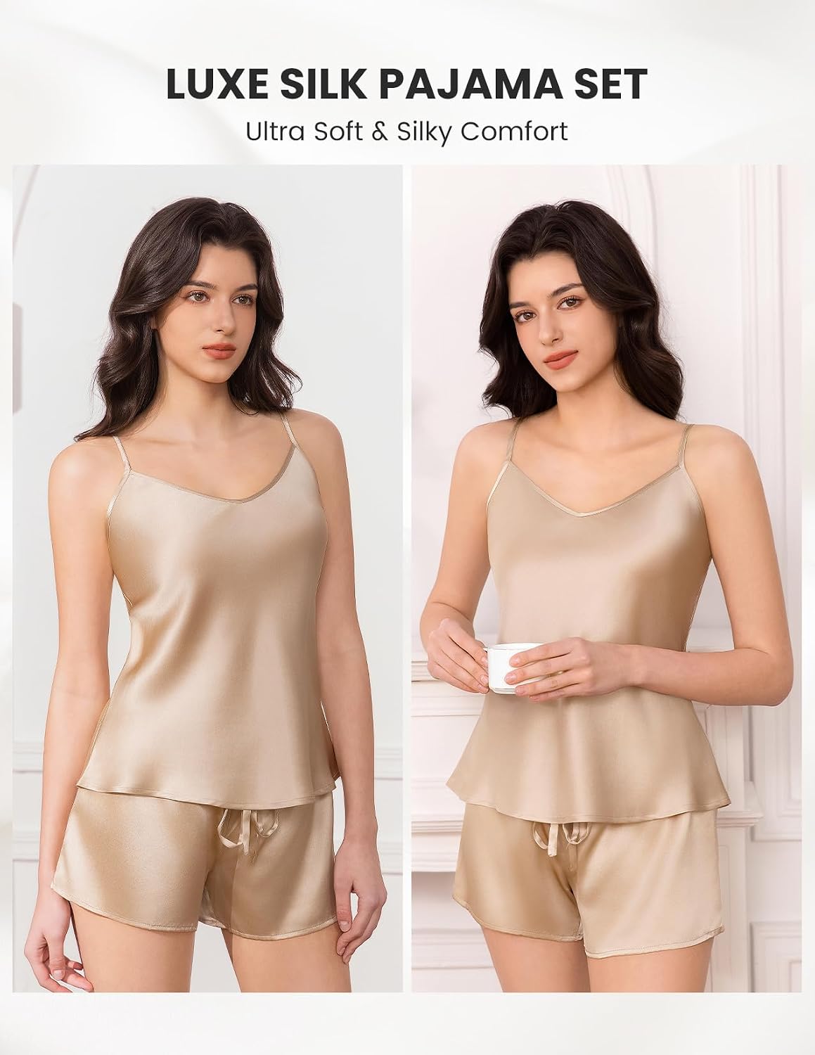 THXSILK Silk Women's Pajama 2 Piece Set 6A+ Grade 100% Mulberry Silk Nightgown Soft Luxury V Neck Cami Shorts Sets Sleepwear