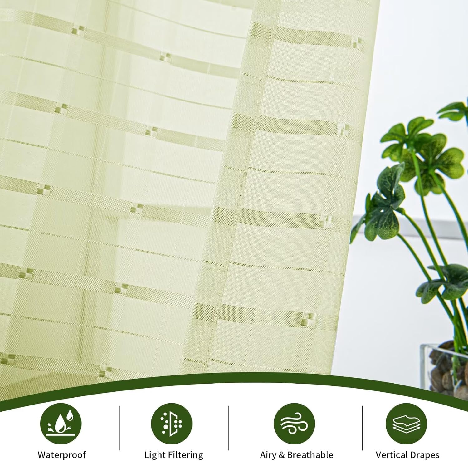 2 Panels Outdoor Sheer Curtains for Patio, Jacquard Check Curtains for Patio Waterproof, Indoor Outdoor Drapes for Gazebo Pergola Balcony Pool Spa (Sage Green, 52 x 108 inch)
